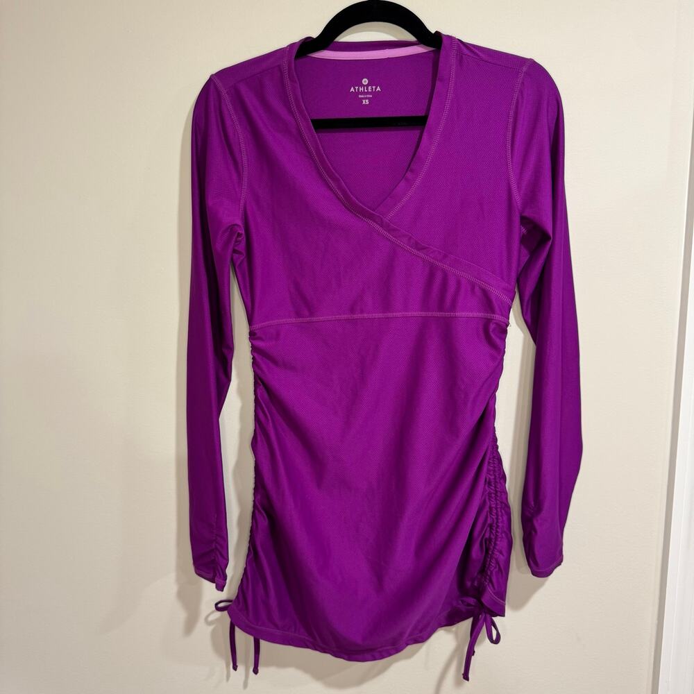Athleta Womens Long Sleeve Ruched Side Faux Wrap Mesh T-Shirt Size XS Purple